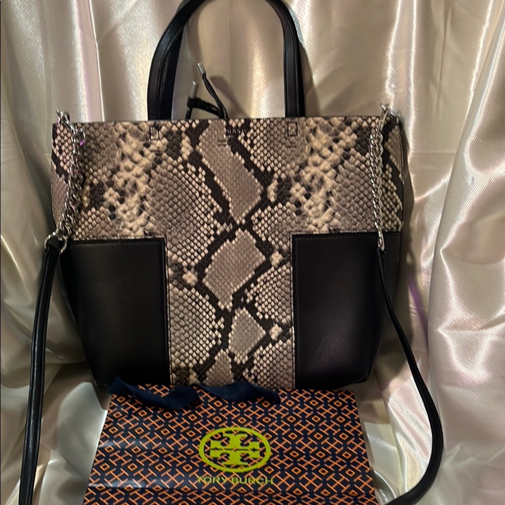 Tory Burch Black and Tan Tote with Snakeskin Pattern